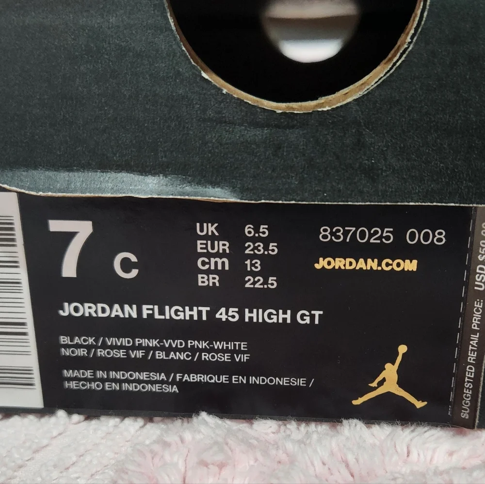 Jordan Flight 45 High GT sneakers; pink and black; size 7C